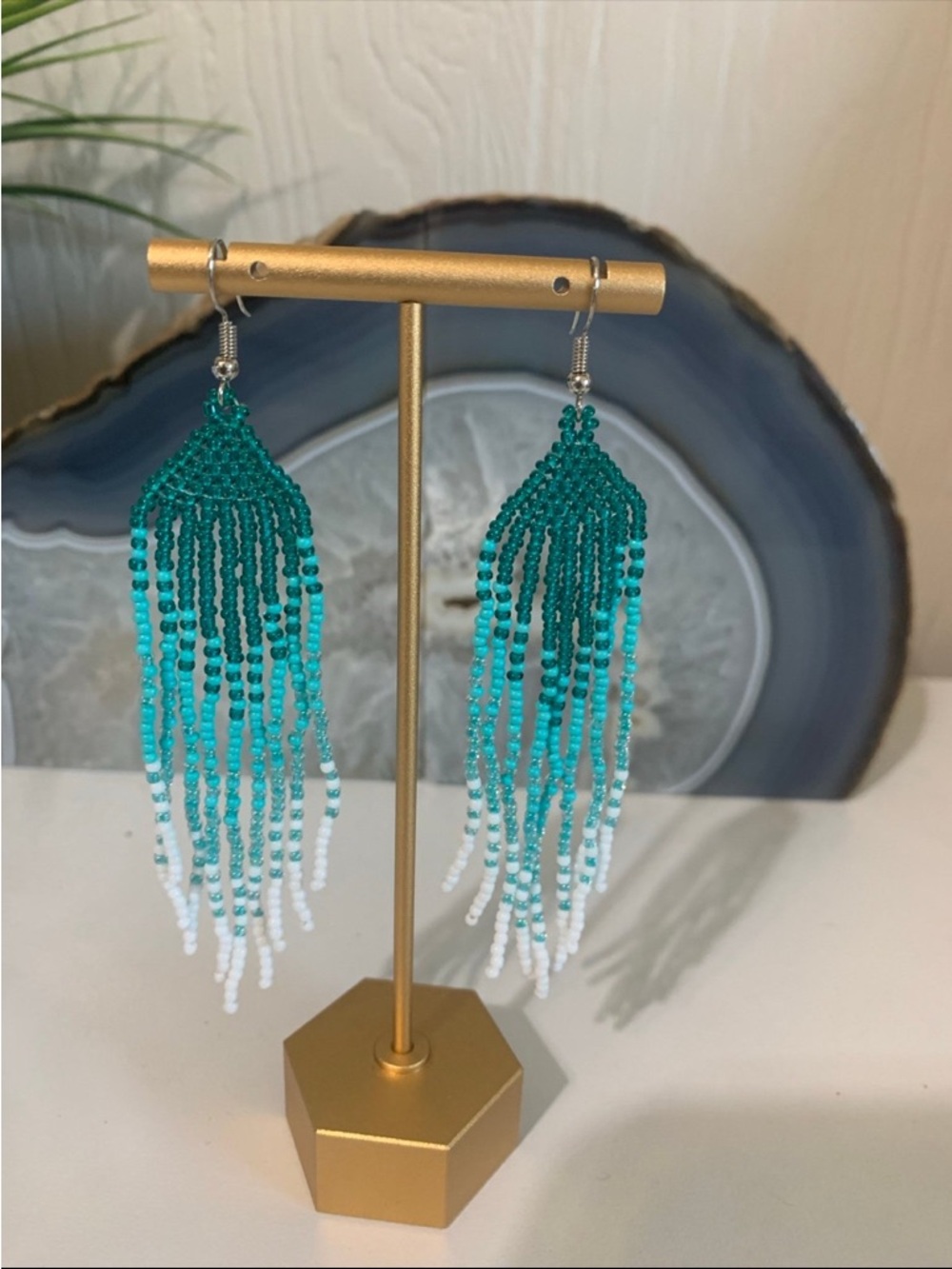 Handmade Teal Ombre Beaded Fringe Earrings -